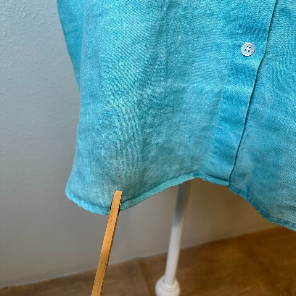 J. Jill Women’s M Turquoise Blue 100% Linen Button Up Short Sleeve Beach Travel - Picture 9 of 9